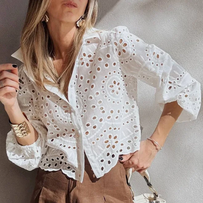 top Eyelet Embroidered Puff Sleeve Cotton Shirt HannaBanna Clothing $21.39