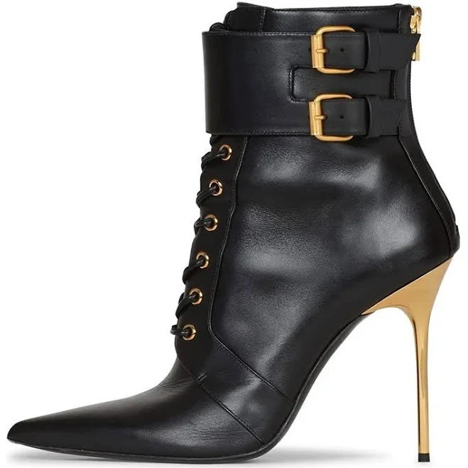shoes Faux Leather Stiletto Heel Lace Up Ankle Boots fsjshoes $158