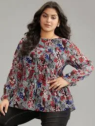 top Floral Ruffles Elastic Waist Lantern Sleeve Chiffon Blouse bloomchic.com $27.9