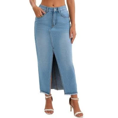 maxi skirt Inspire Chic Women's High Waist Split Front Denim Maxi Skirt with Pockets Target $40.99