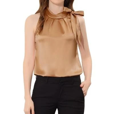 top Inspire Chic Women's Sleeveless Bow Tie Mock Neck Satin Blouse Target $27.99