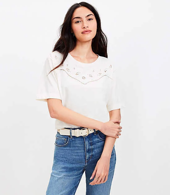 top Loft Women's Floral Cutout Lace Yoke T-Shirt LOFT $17.49