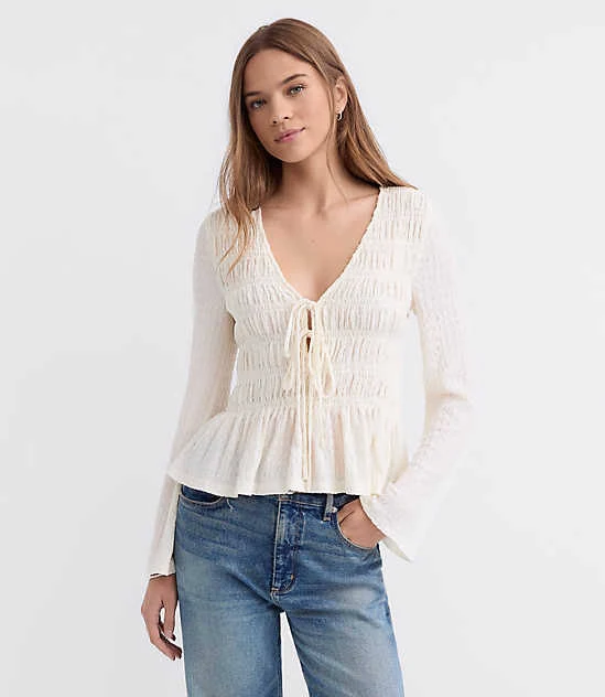 top Loft Women's Tie Smocked Flare Sleeve Top LOFT $29.99