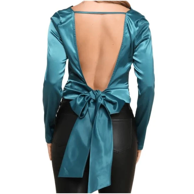 top Lulus Teal Green Satin Top Size M Open Back Big Bow. eBay - classyvi95 $32
