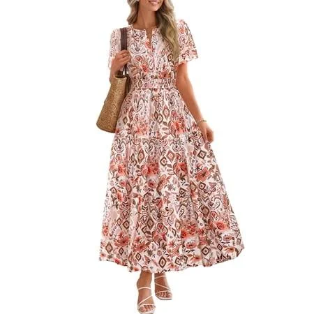 dress Merokeety Women's 2026 Spring Summer Floral Midi Dress, Boho V-Neck Short Sleeve Casual Beach Vacation Dress with Pockets, Brown, L, Size: Large Walmart - Merokeety USA $62.49