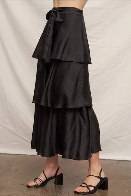 skirt Midnight Soir&eacute;e Black Satin Tiered Midi Skirt Latch Boutique $58