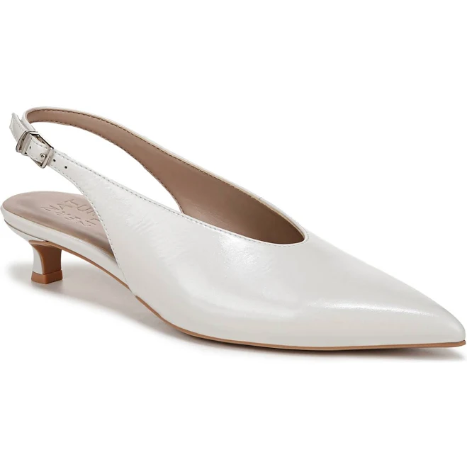 shoes Naturalizer Women's Nicolette Pointed Toe Kitten Heel Slingback Pumps - Warm White Crinkle Leather - Size 8W Macy's $88.8