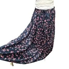 maxi skirt Navy Blue Pink Floral Tiered Maxi Skirt Medium Flowy Fairy Boho Cottagecore eBay $16
