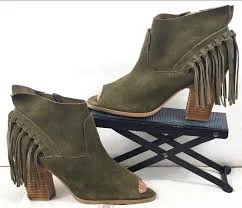 shoes Olive Suede Fringe Ankle Booties Boho Festival Block Heel Womens 9.5 Etsy $62