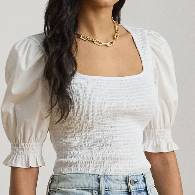 top Ralph Lauren Women's Smocked Cotton Jersey Puff-Sleeve Top Ralph Lauren $145