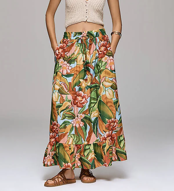 skirt Ruffled Tropical Maxi Skirt by Farm Rio, Size: Medium at Anthropologie Anthropologie $198