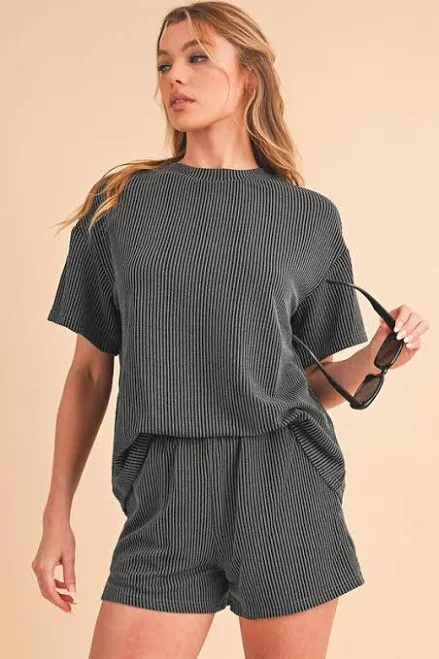 matching set SHEWIN Ribbed Textured Knit Loose Fit Tee and Shorts Set TheMogan $41.99