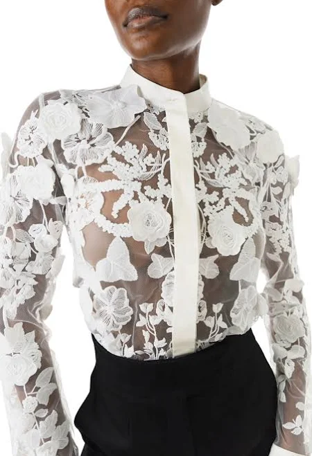 top Silk Long Sleeve Lace Blouse Monique Lhuillier $3195