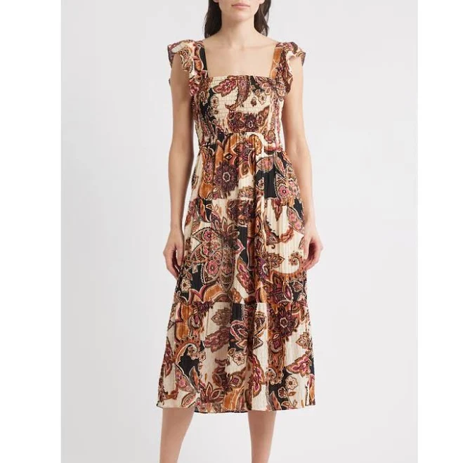 dress Vince Camuto Women's Paisley Tiered Midi Sundress Nordstrom Rack $59.97