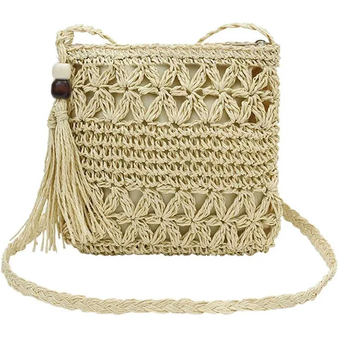 bag Vintage Straw Crossbody Bag with Wooden Beads Retro Stage $18.99
