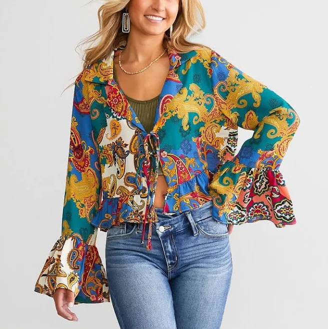 top Willow & Root Women's Polyester Mixed Paisley Print Chiffon Blouse in Cream Multi/Green/Orange | Size: XS | Buckle Buckle $19.99
