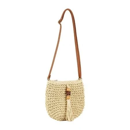bag Women's Boho-Style Woven Straw Crossbody Bag with Leather Strap Walmart - Delestrik $14.61
