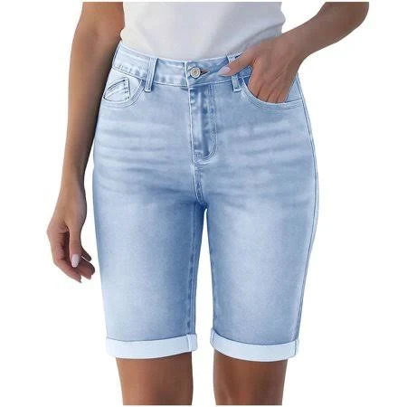 shorts Women's High-Waist Cuffed Hem Pocketed Denim Shorts Walmart - safuny $15.78