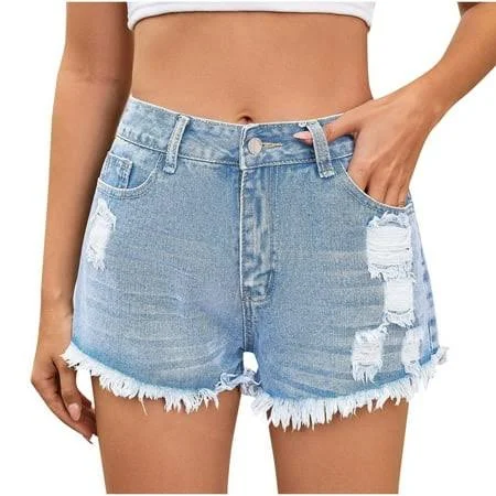 shorts Women's High-Waisted Distressed Fringed Raw Hem Denim Shorts Walmart - safuny $15.87