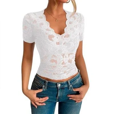 top Women's Lace V-Neck Short Sleeve Sheer Blouse Target $30.99