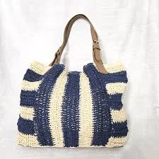 bag Women's Large Straw Tote Coastal Beach Natural & Blue Stripe Handbag Tan Straps eBay $19.98