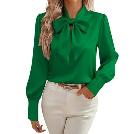 top Women's Silk Satin Bowknot Tie Collar Long Sleeve Shirt Walmart - Fashion Outfits For You $15.99