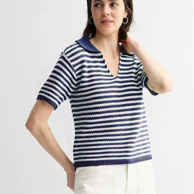 top Women's Sonoma Goods For Life Short Sleeve Collared Sweater, Size: XXL, White Navy Stripe Kohl's $9.18