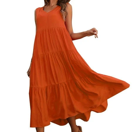 dress Women's V-Neck Tiered Hem Relaxed Fit Linen Blend Midi Dress Walmart - jiaweicaoli $28