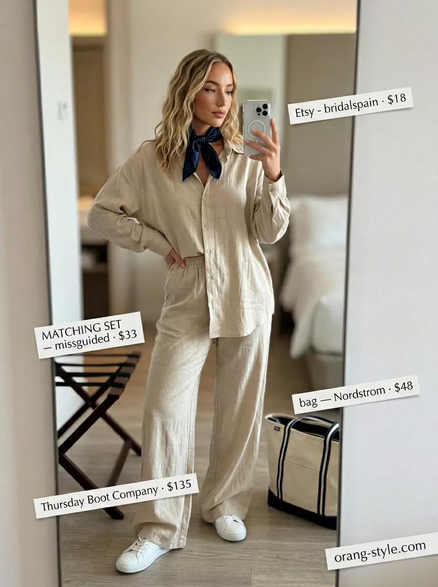 Classic beige linen matching set for women 2026, perfect for relaxed vacations and casual days.