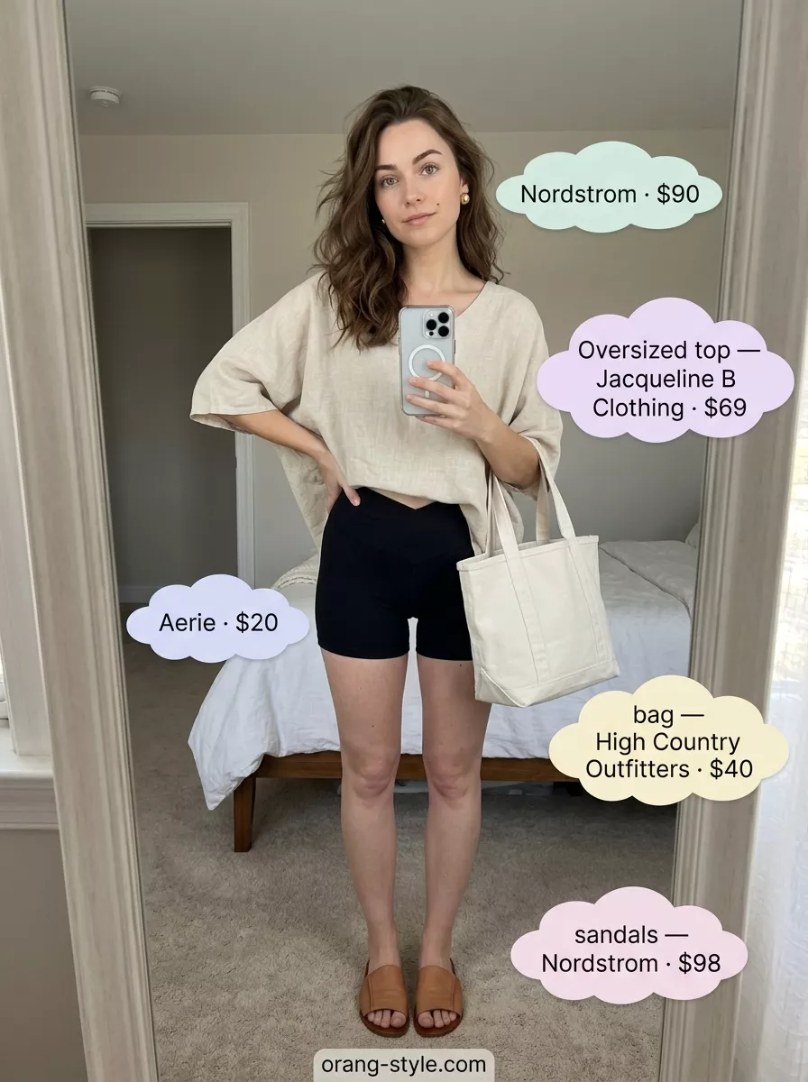 Casual Black Biker Shorts Outfits for Women 2026 Black biker shorts outfits summer for women 2026: Beige linen tee, black biker shorts, tan slides, tote bag.