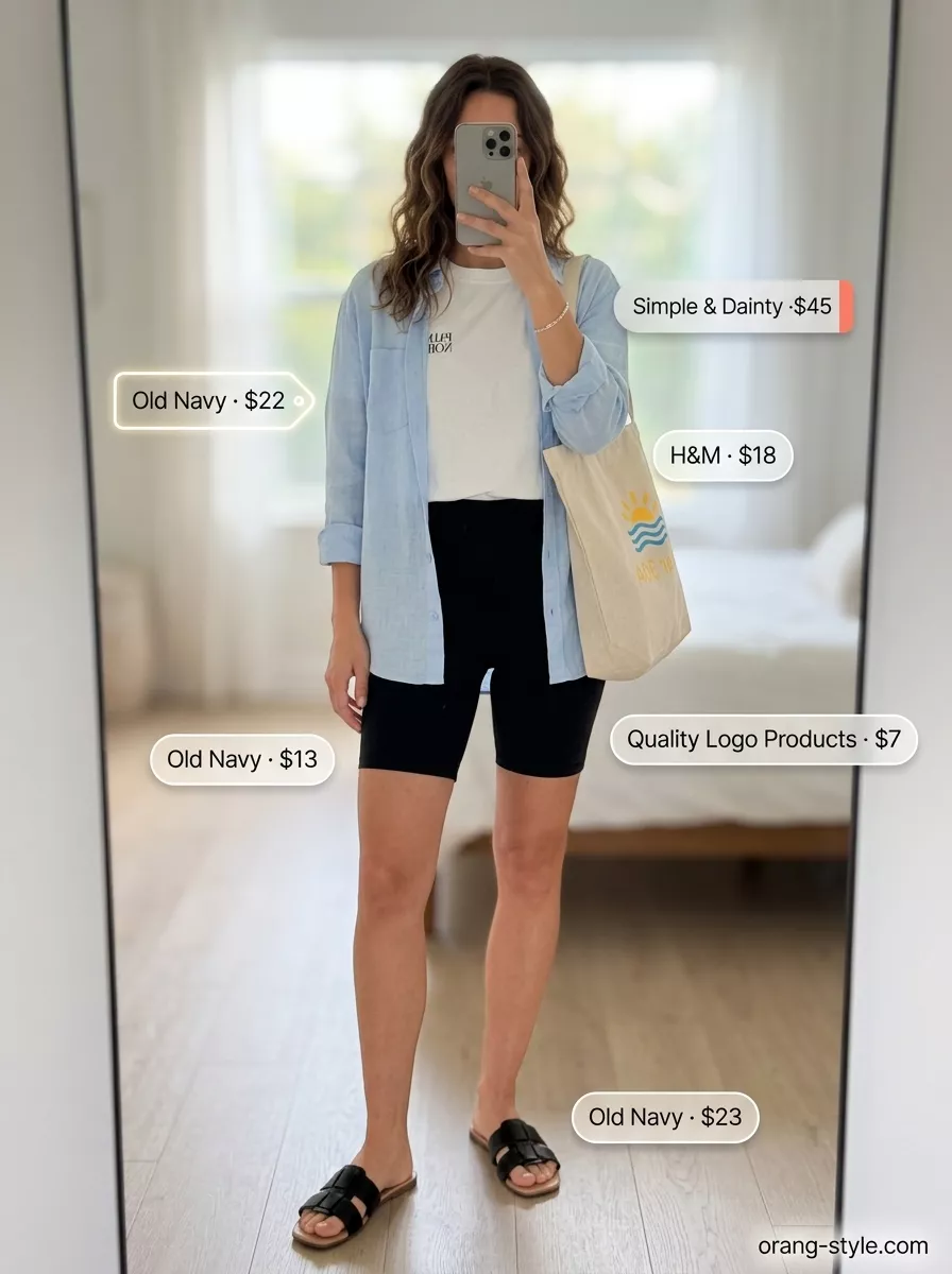Casual Black Biker Shorts Outfits for Women 2026 Black biker shorts outfits summer for women 2026: Linen shirt, graphic tee, black biker shorts, flat sandals.