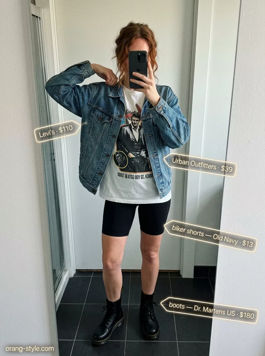 Festival Ready Black Biker Shorts Outfits Women 2026 Edgy festival outfit with black biker shorts, graphic tee, oversized denim jacket, and combat boots for women 2026.