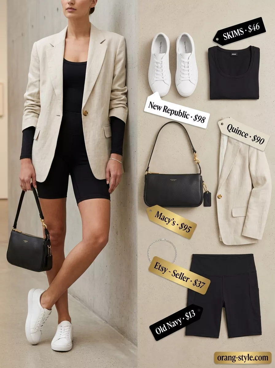 Minimalist Black Biker Shorts Outfits Women 2026 Chic minimalist outfit with black biker shorts, oversized blazer, and bodysuit for women 2026.