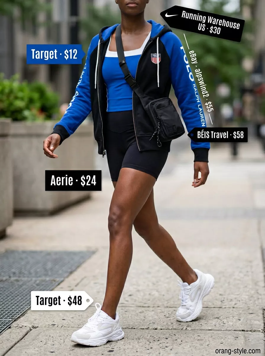 Sporty Black Biker Shorts Outfits Women 2026 Sporty athleisure outfit with black biker shorts, cropped tank, and oversized hoodie for women 2026.