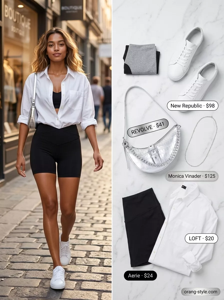 Chic Black Biker Shorts Outfits for Women 2026 Black biker shorts outfits summer for women 2026: White oversized shirt, black biker shorts, white sneakers, silver bag.