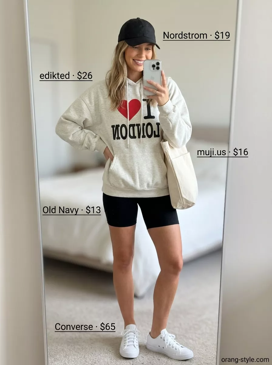 Comfortable Black Biker Shorts Outfits for Women 2026 Black biker shorts outfits summer for women 2026: Grey graphic sweatshirt, black biker shorts, white sneakers, baseball cap.