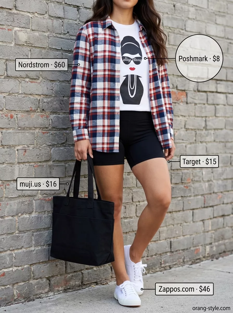 Casual Black Biker Shorts Outfits Women 2026 Casual weekend outfit with black biker shorts, oversized graphic tee, and flannel shirt for women 2026.
