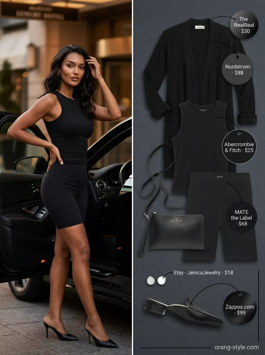 Black Biker Shorts Outfits Summer 2026: Monochrome Minimalist Black biker shorts outfits summer for women 2026: Monochrome Minimalist with black tank, cardigan, and mules.