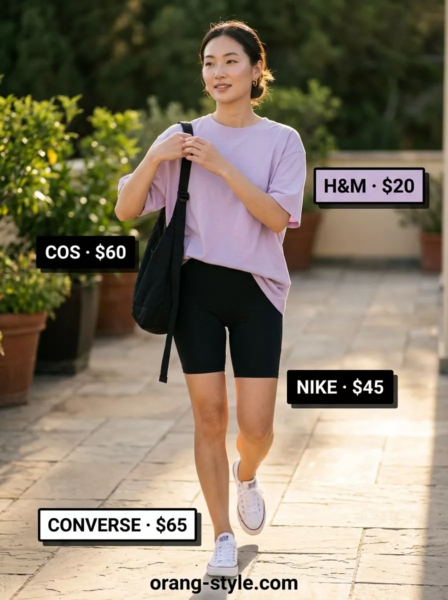 Black Biker Shorts Outfits Summer 2026: Sunset Comfort Black biker shorts outfits summer for women 2026: Sunset Comfort with lilac graphic tee and white sneakers.