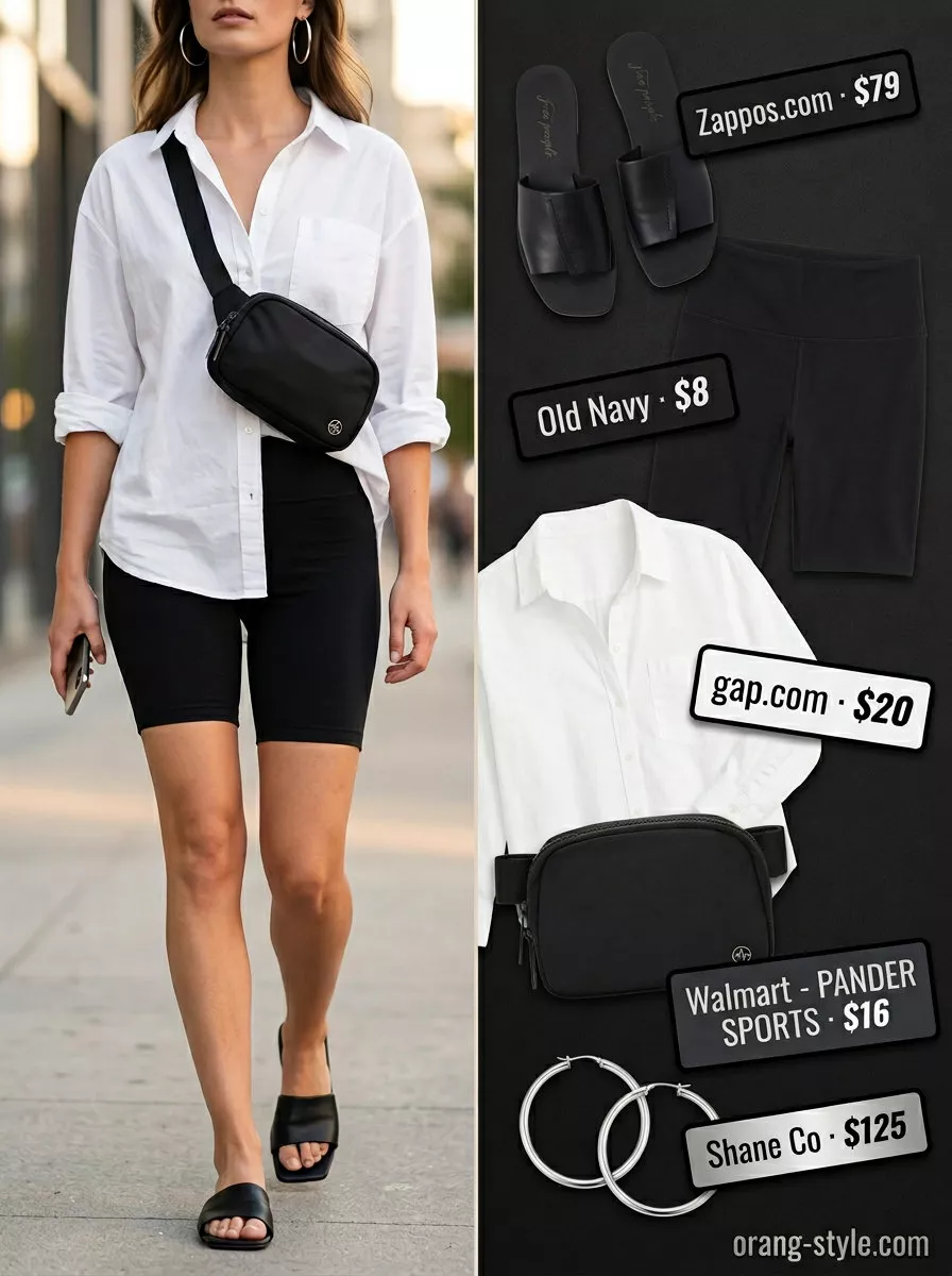 Black Biker Shorts Outfits Summer 2026: Urban Explorer Chic Black biker shorts outfits summer for women 2026: Urban Explorer Chic with oversized white shirt and slides.