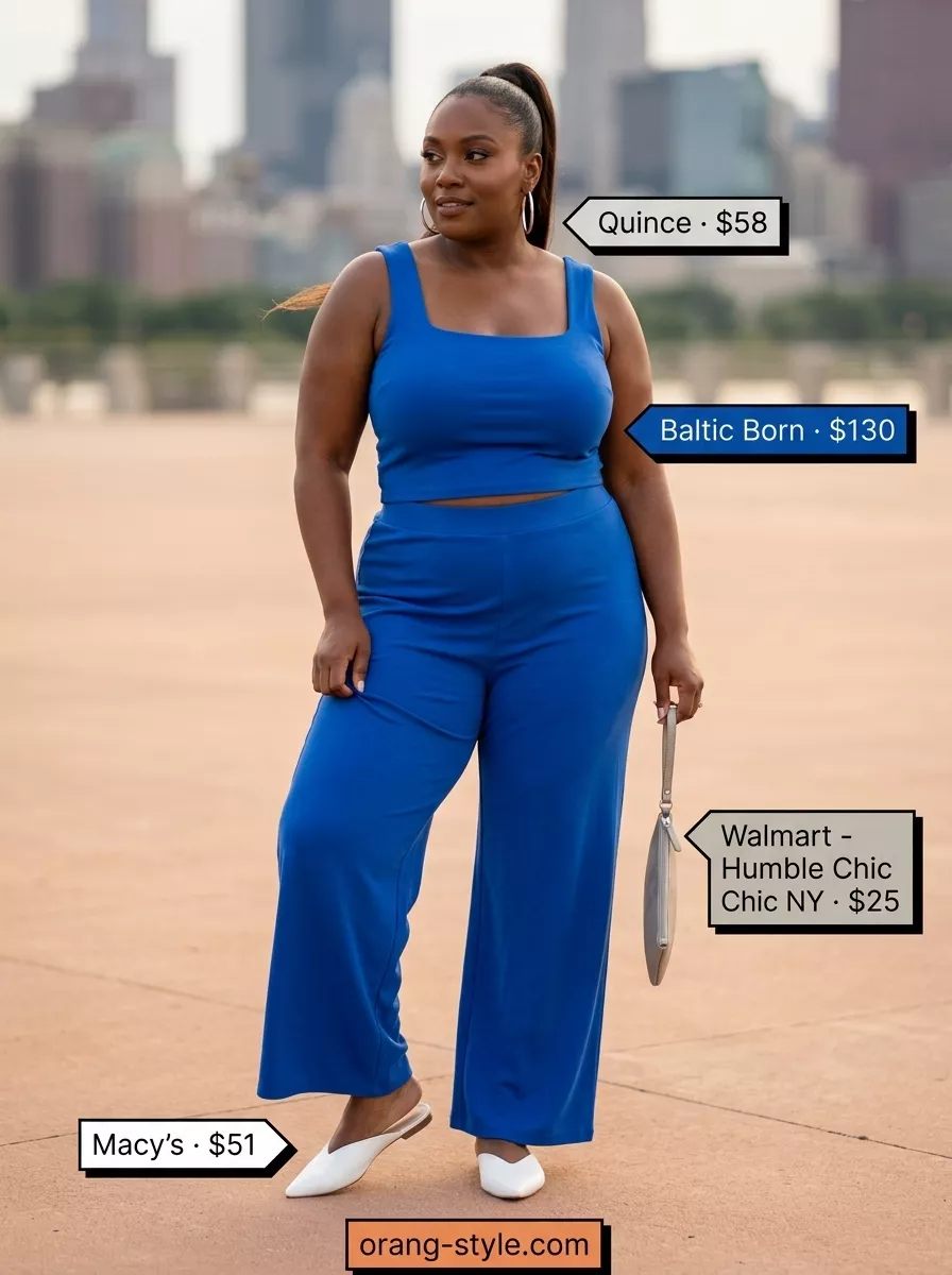 Cobalt Co-Ord Confidence Outfit 2026 Bold curvy outfit summer 2026: Cobalt blue linen co-ord set with silver earrings for a striking evening look.