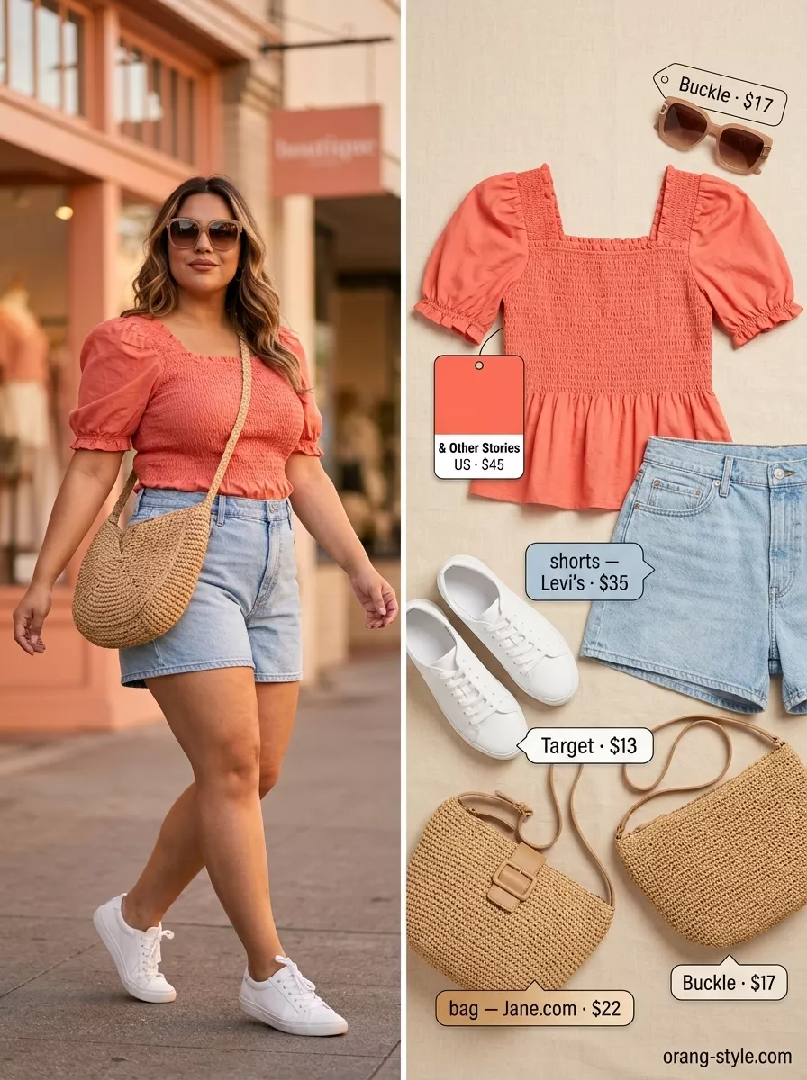 Bold Curvy Outfit Summer 2026: Weekend Casual Bold curvy outfit summer for women 2026: Coral puff sleeve top, denim shorts, white sneakers for weekend errands.