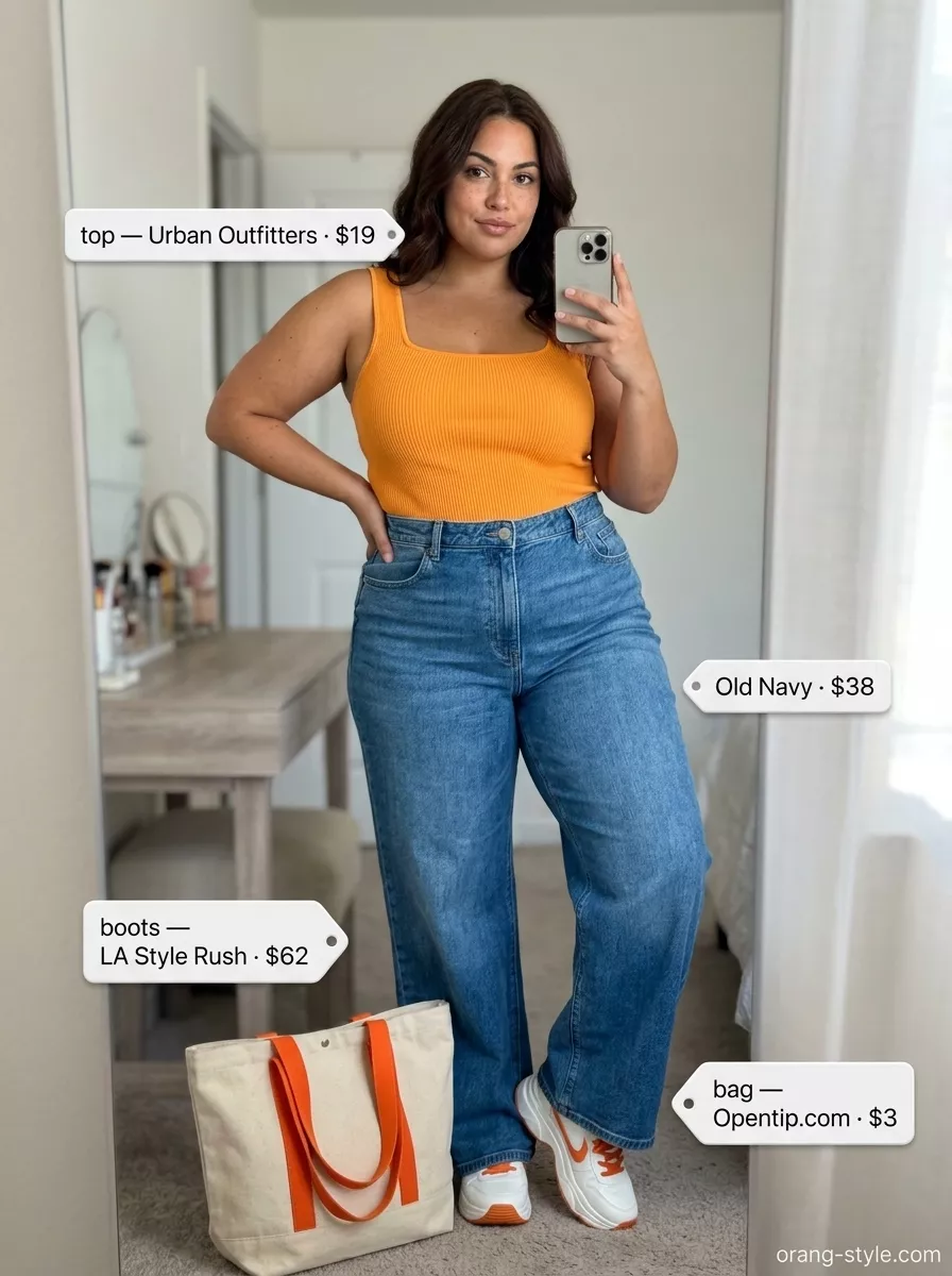 Statement Denim Day Outfit 2026 Bold curvy outfit summer 2026: Wide-leg jeans with bright orange tank for playful weekend style.
