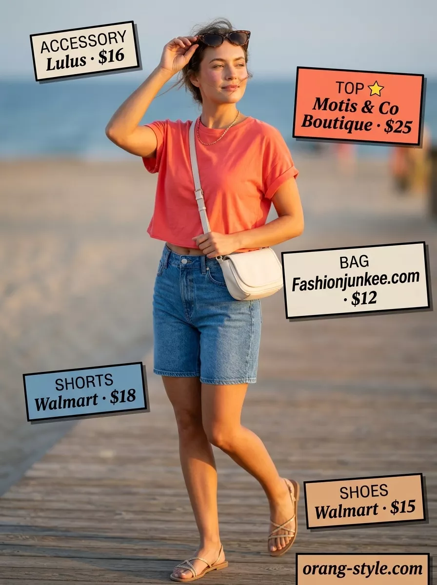 Coral Crush Boardwalk Outfit 2026 Bold curvy outfit summer 2026: Denim shorts with bright coral tee for a playful beach day look.