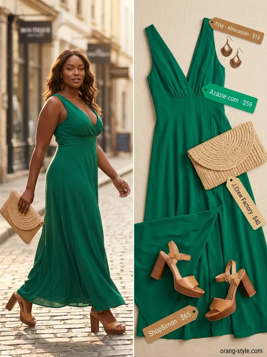 Emerald Island Escape Outfit 2026 Bold curvy outfit summer 2026: Emerald green maxi dress with bronze sandals for relaxed glam resort wear.