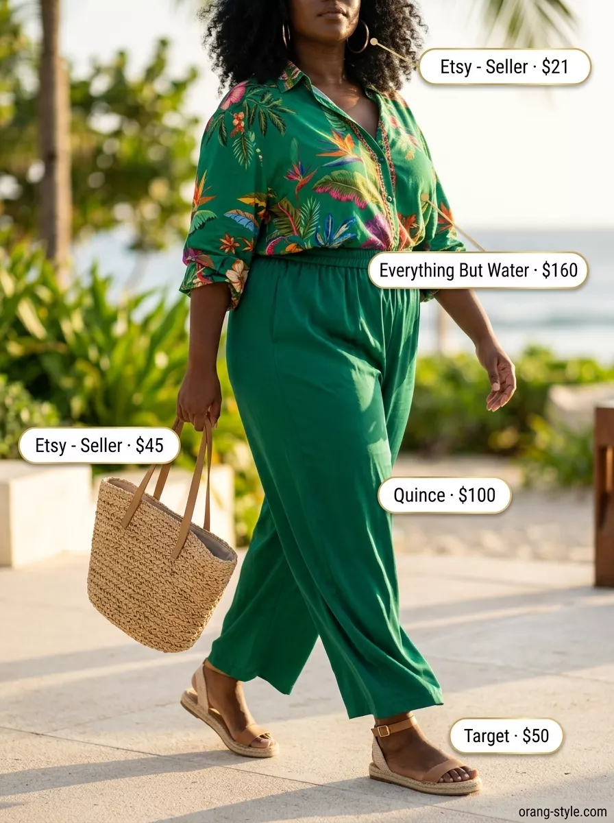 Bold Curvy Outfit Summer 2026: Tropical Resort Pants Bold curvy outfit summer 2026: Emerald green palazzo pants, tropical shirt, gold hoops, and straw tote for resort wear.