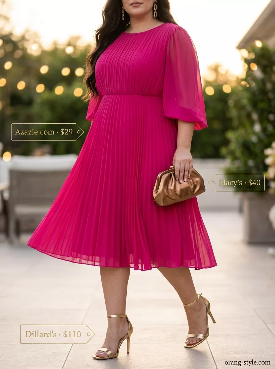 Bold Curvy Outfit Summer 2026: Fuchsia Evening Glam Bold curvy outfit summer for women 2026: Fuchsia maxi dress for summer wedding guest or gala.