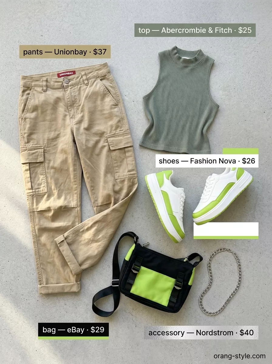 Khaki Cargo Street Style Outfit 2026 Bold curvy outfit summer 2026: Khaki cargo pants with black crop top for cool urban street style.