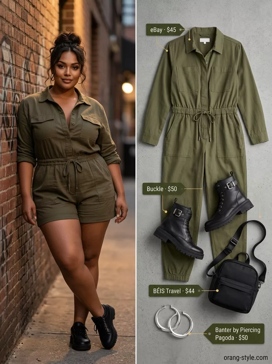 Bold Curvy Outfit Summer 2026: Olive Jumpsuit Explorer Bold curvy outfit summer 2026: Olive green utility jumpsuit, black sandals, belt bag, and silver hoops for urban exploration.