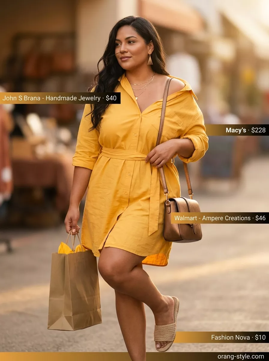 Saffron Safari Chic Outfit 2026 Bold curvy outfit summer 2026: Saffron yellow midi shirt dress with khaki crossbody for chic daytime style.